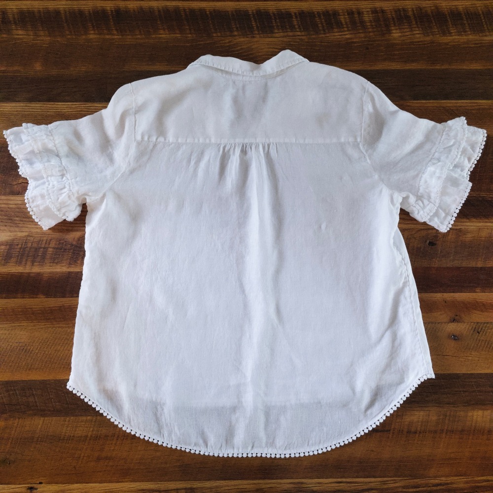 Chico's Ruffle Sleeve White 100% Linen Blouse Pom Pom Trim Women's 18 Lagenlook - Picture 2 of 7